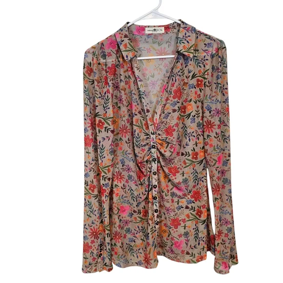 Natural Life Carina Floral Mesh Button Down Long Sleeve Collar Top - Picture 2 of 8